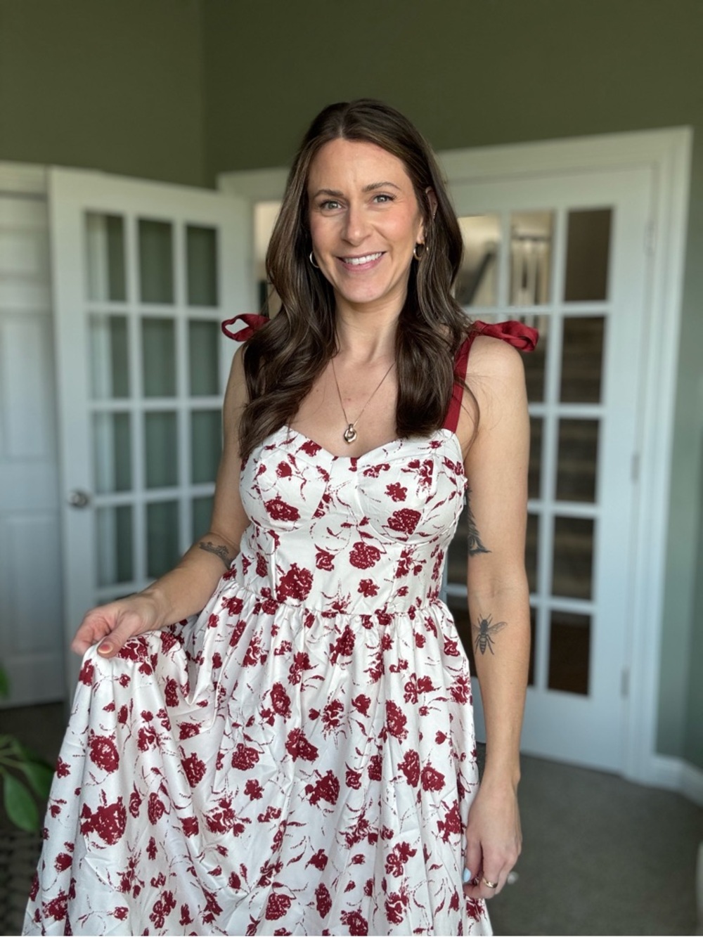 White & Red Floral Tie-Shoulder Sundress